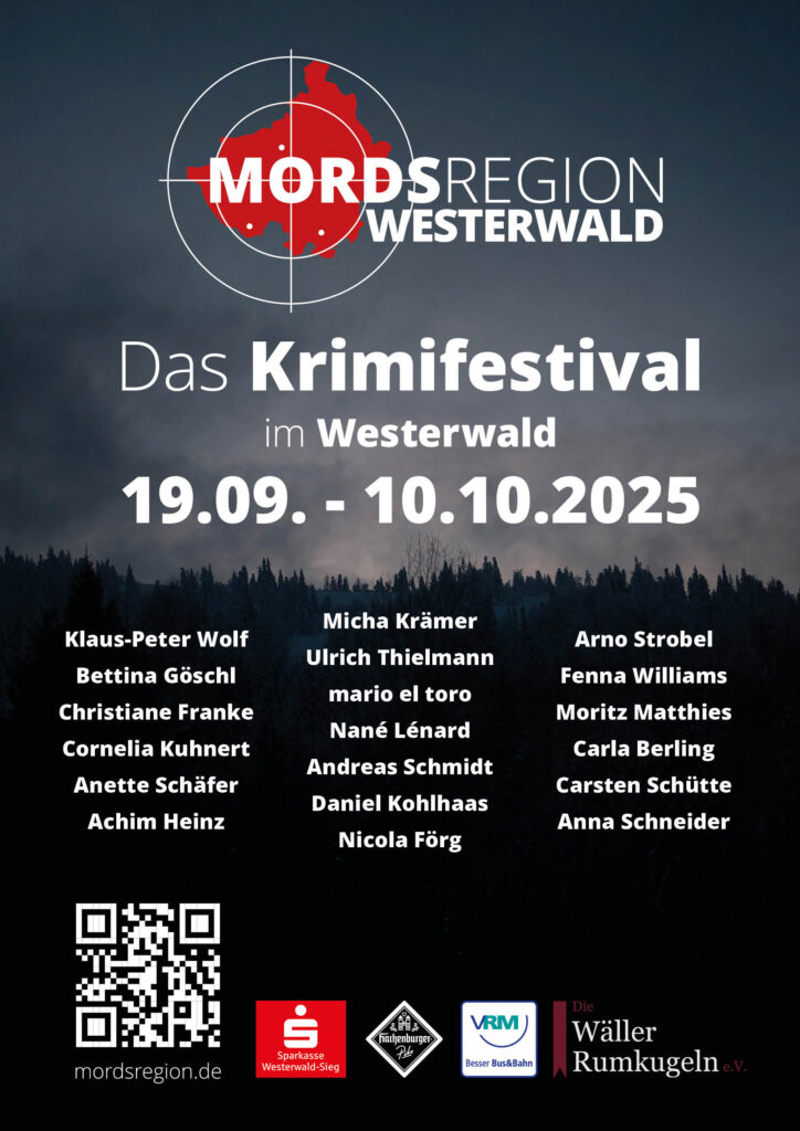 Plakat des Krimifestivals mit allen Namen der Autoren und dem Datum 19.09. bis 10.10.2025 - Mordsregion Logo und QR Code für die Webseite sowie die Sponsorenlogos des VRM, Der Sparkasse, der Hachenburger Brauerei